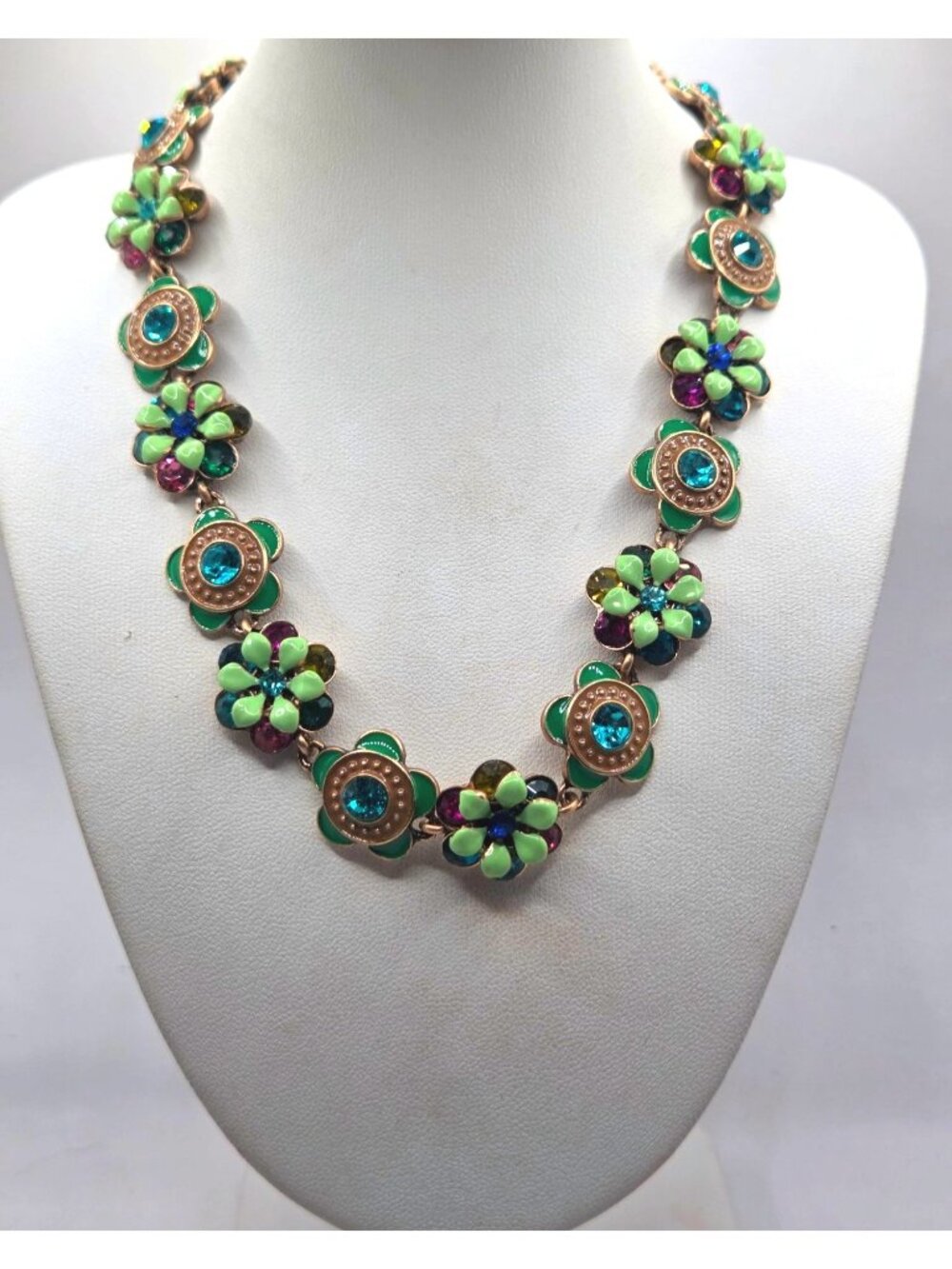 Floral Crystal and Enamel Necklace With Colorful Gemstones & Adjustable Chain
